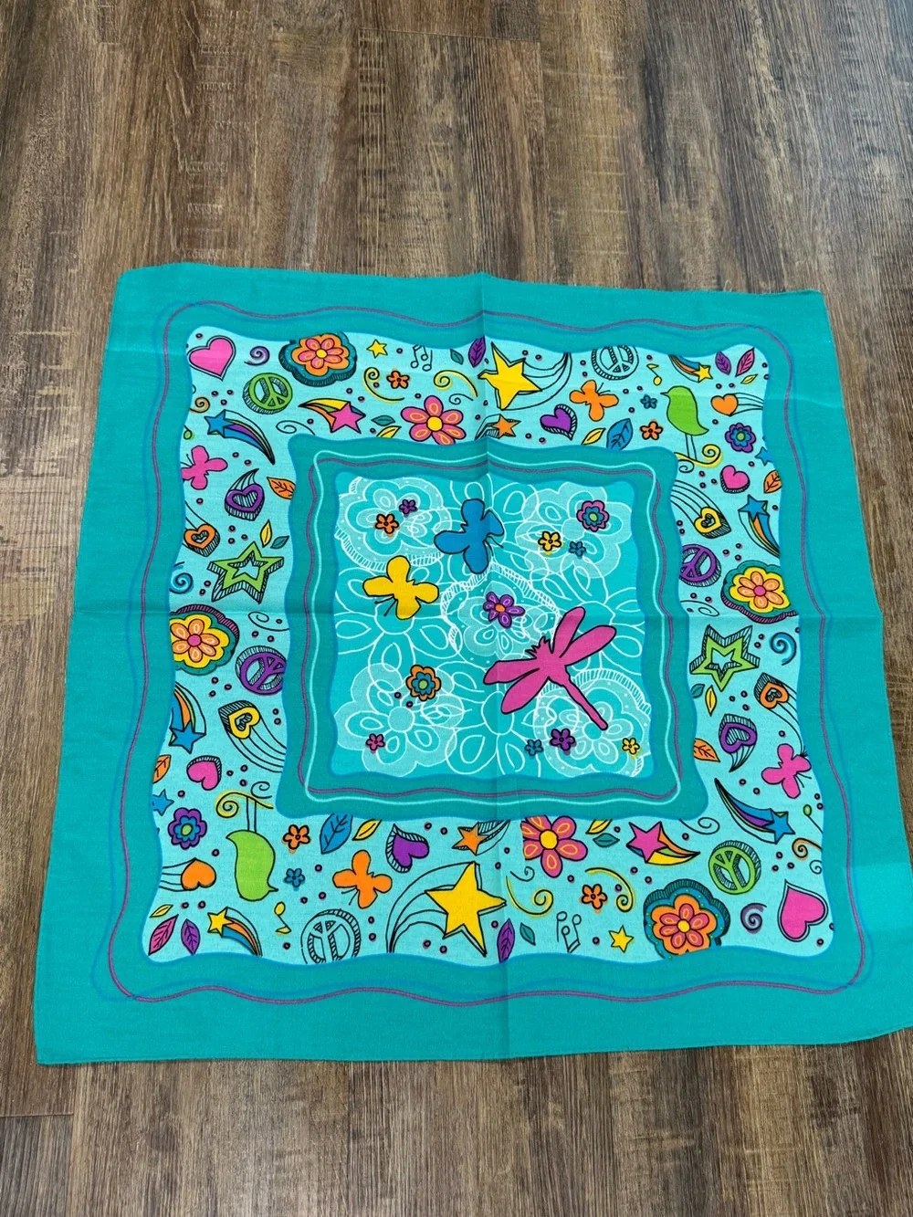 Little Brownie Girl Scout Turquoise Kids Bandana with Colorful Dragonfly Flowers